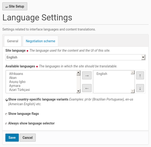 Language setup configuration