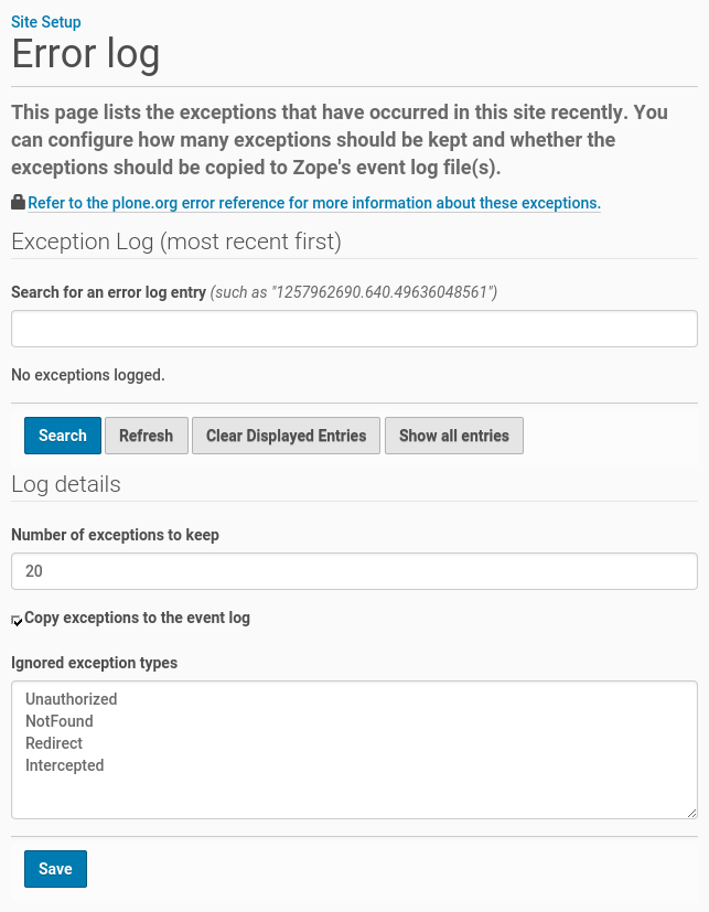 Error log setup configuration