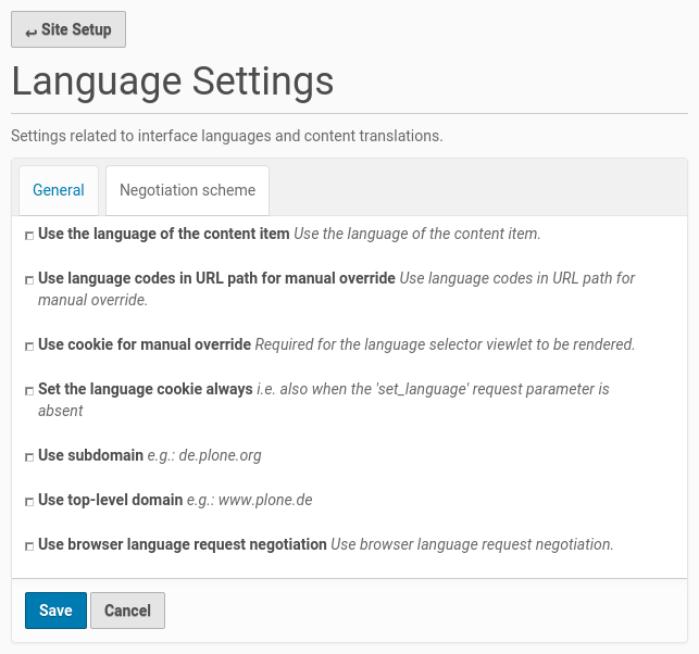 Language negotiation configuration