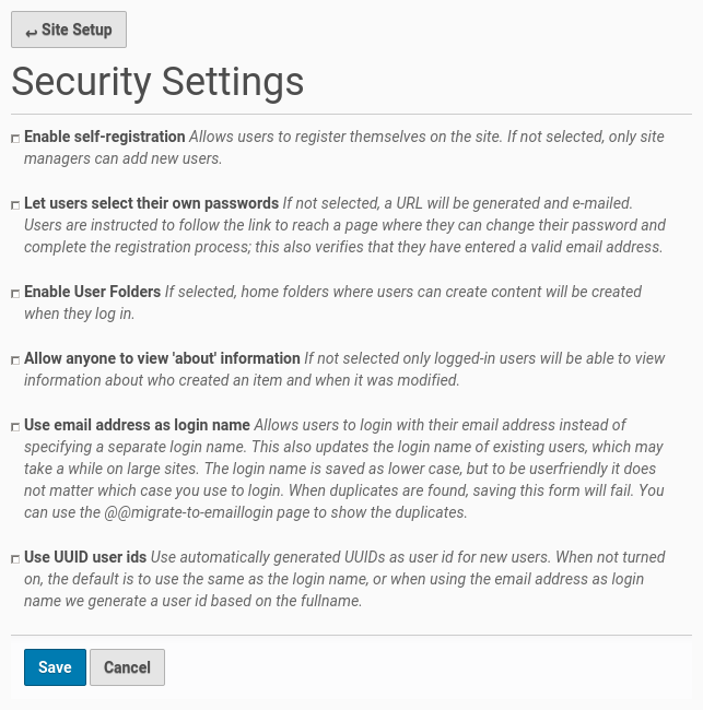 Security setup configuration