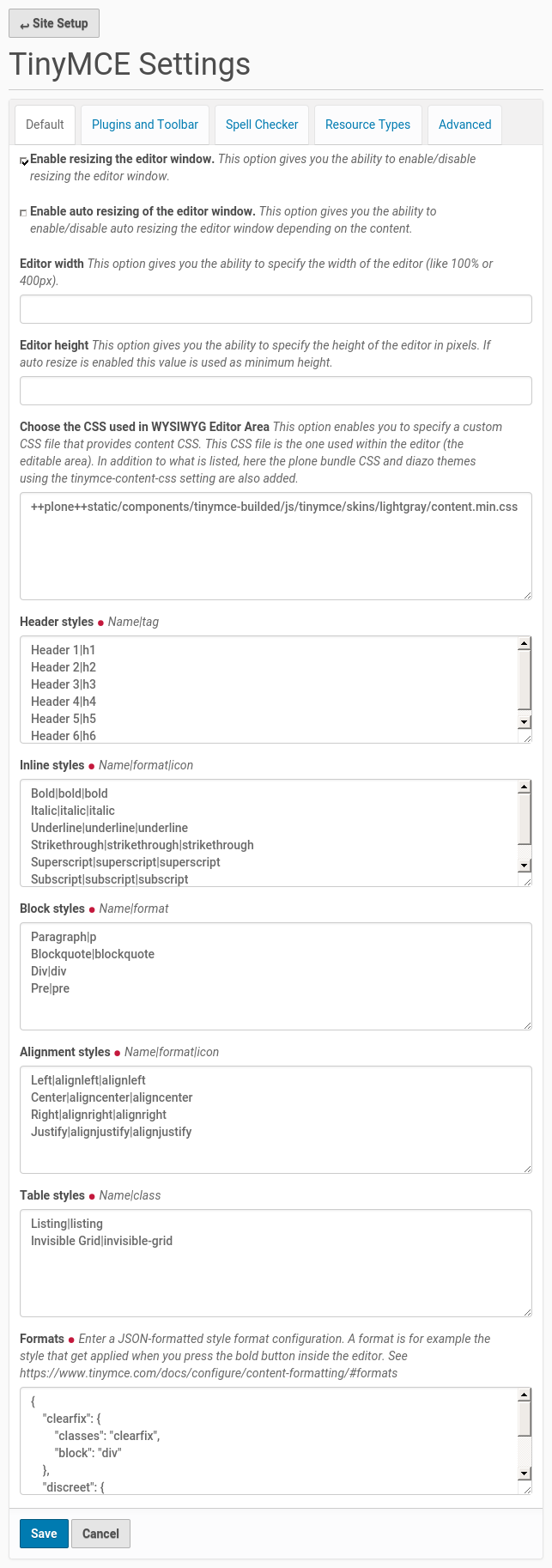 TinyMCE setup configuration