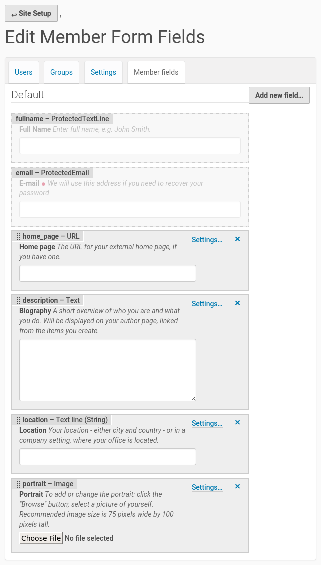 Member field setup configuration